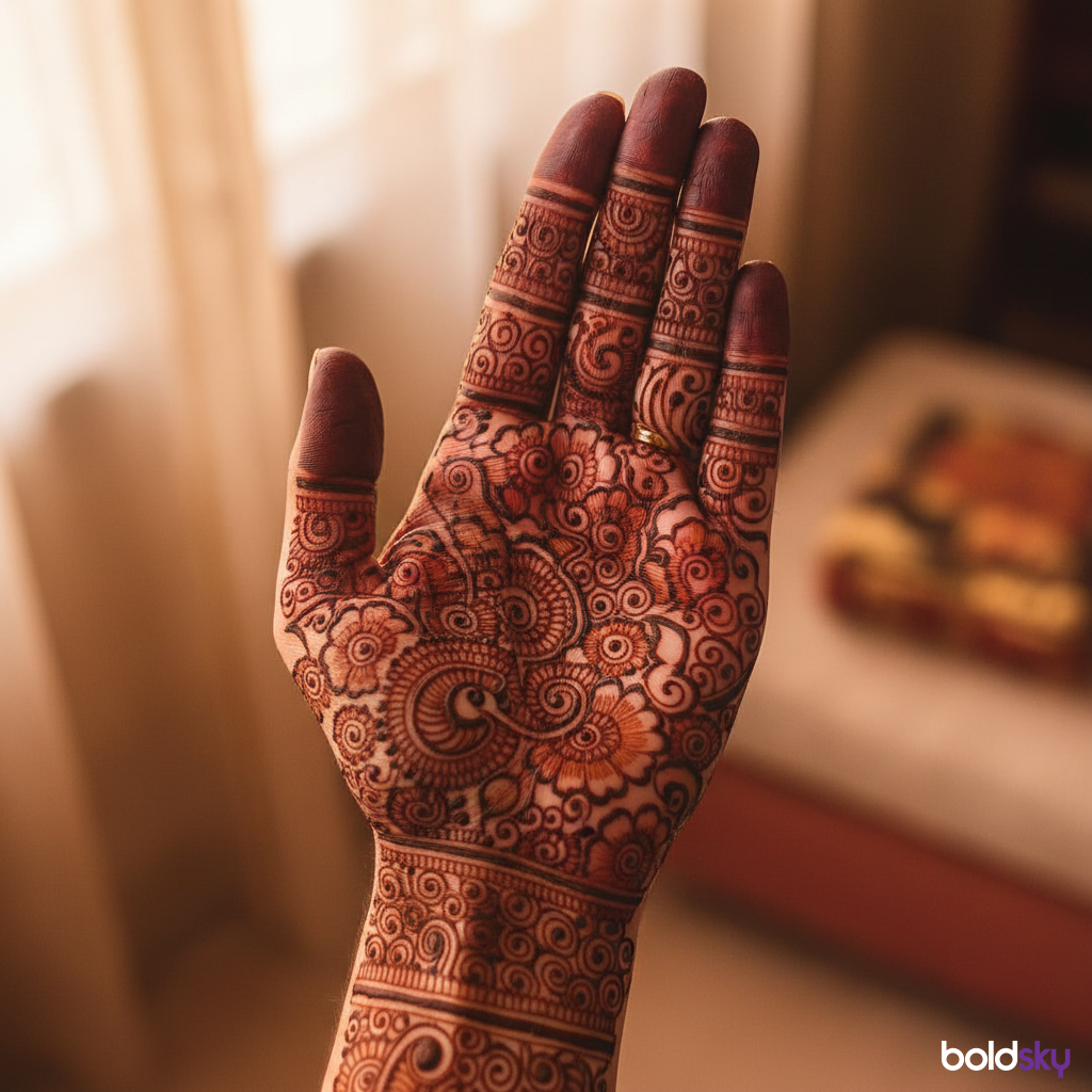 Left palm traditional heavy bridal mehndi.