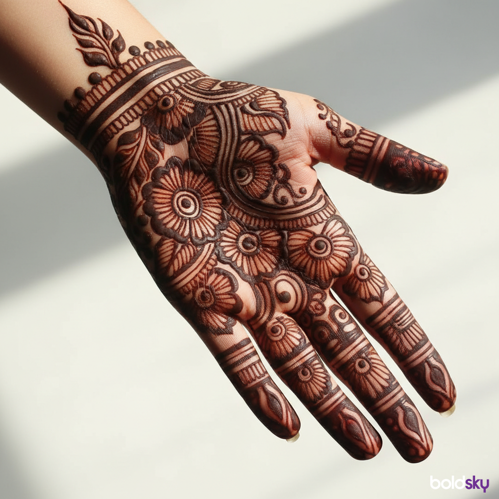 Left palm bold Arabic floral mehndi.