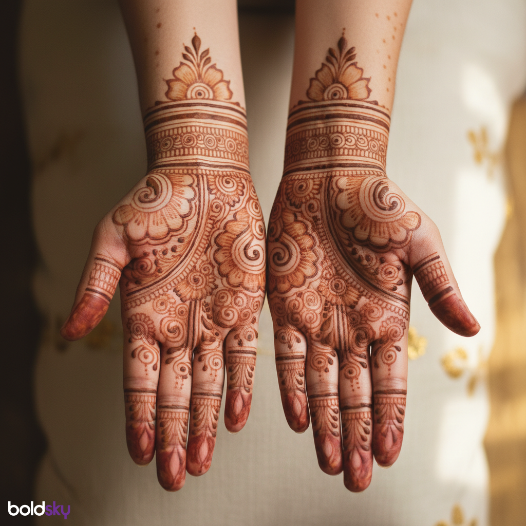 Close-up of both palms with symmetrical bridal mehndi.