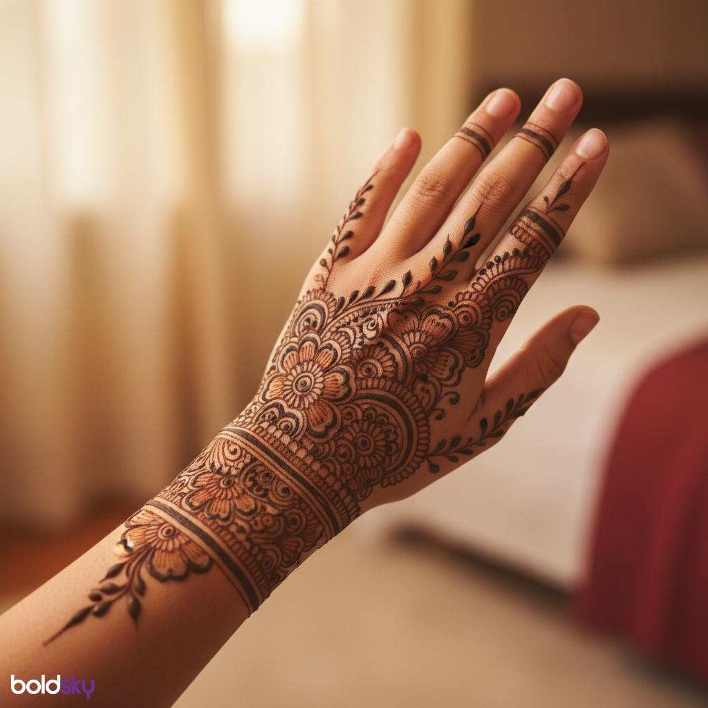 Back of left hand elegant floral mehndi.