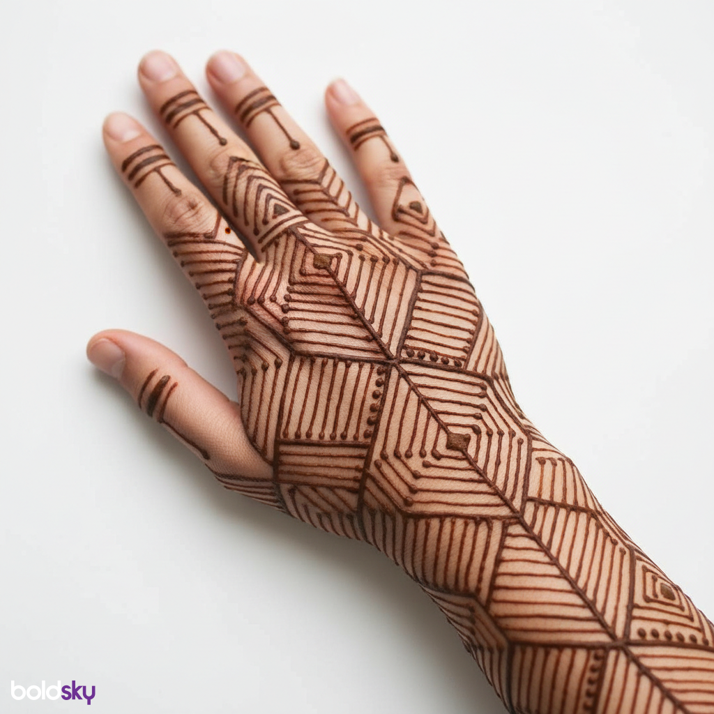 Right back hand modern geometric mehndi.
