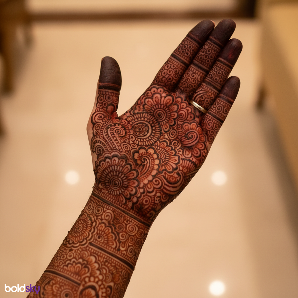 Left palm traditional heavy bridal mehndi.