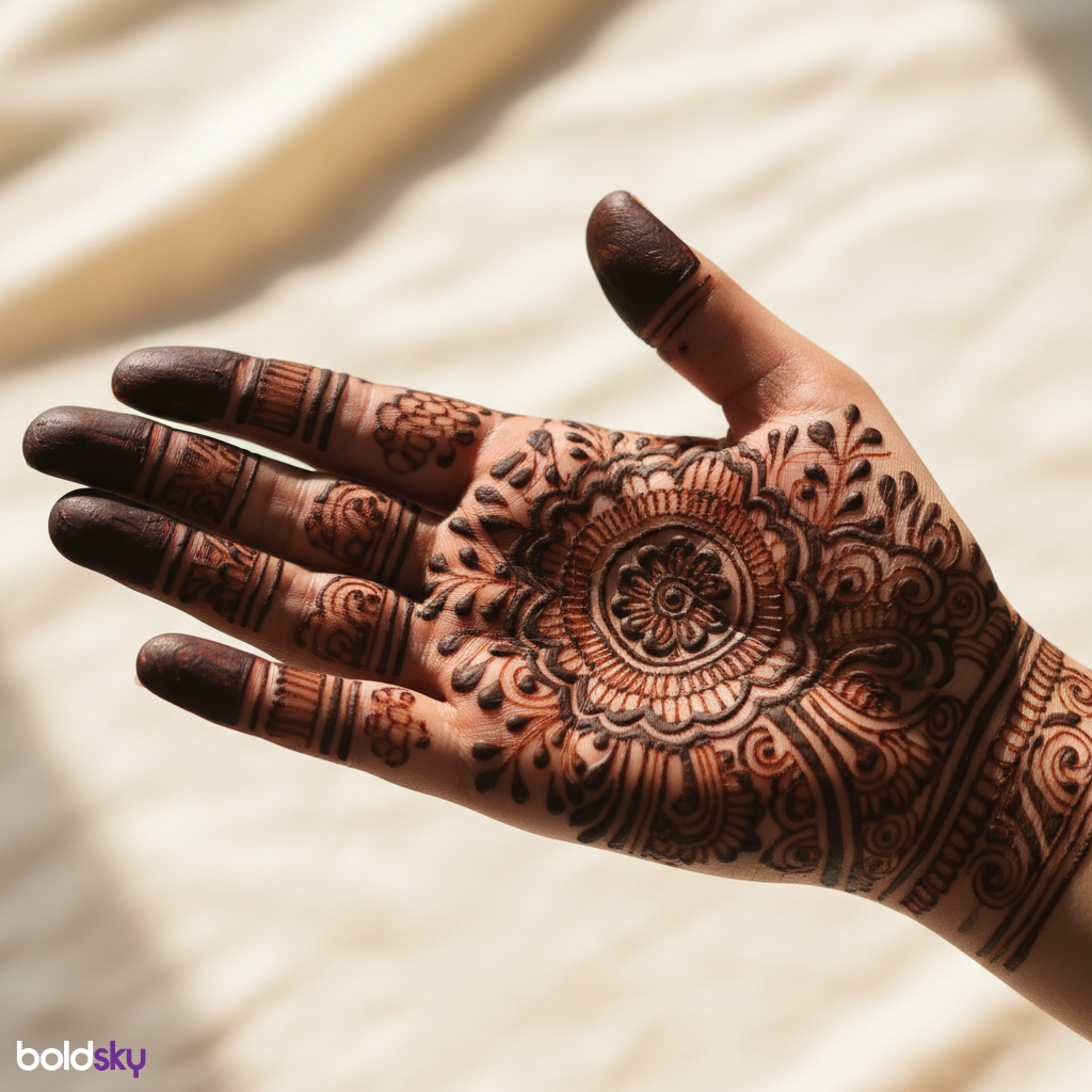 Right palm bold Arabic floral mehndi.