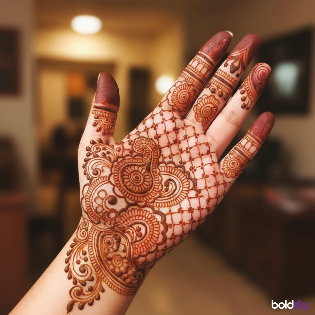 Front of left hand with intricate paisley mehndi.