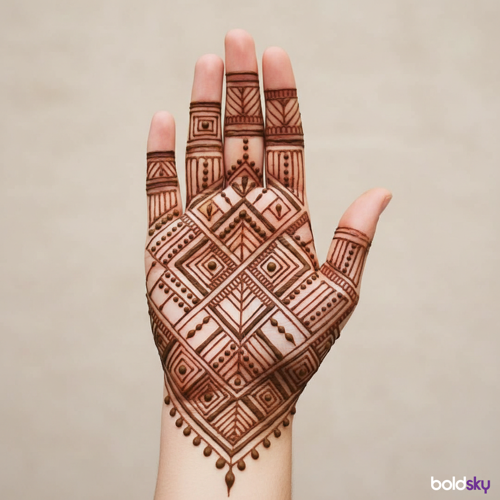 Front of right hand with modern geometric mehndi.