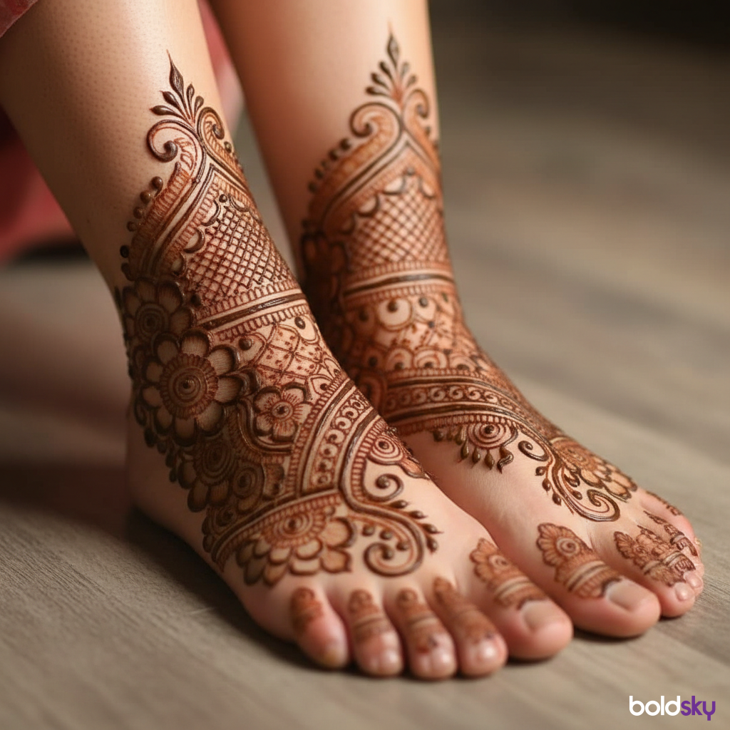 Close-up of feet with bridal mehndi to ankles.