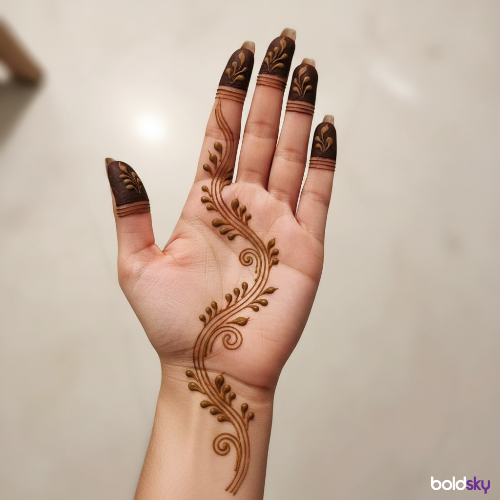 Front of left hand with minimalist vine mehndi.