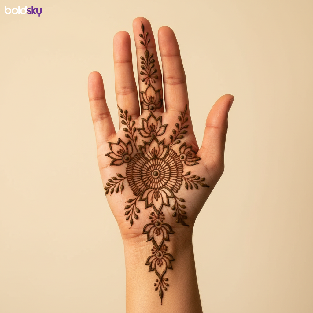 Front of right hand modern floral mehndi.