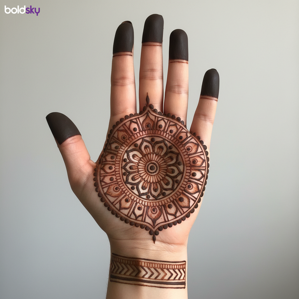 Left palm with central mandala mehndi design.