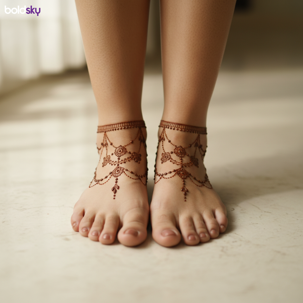 Feet with elegant anklet-style mehndi design.