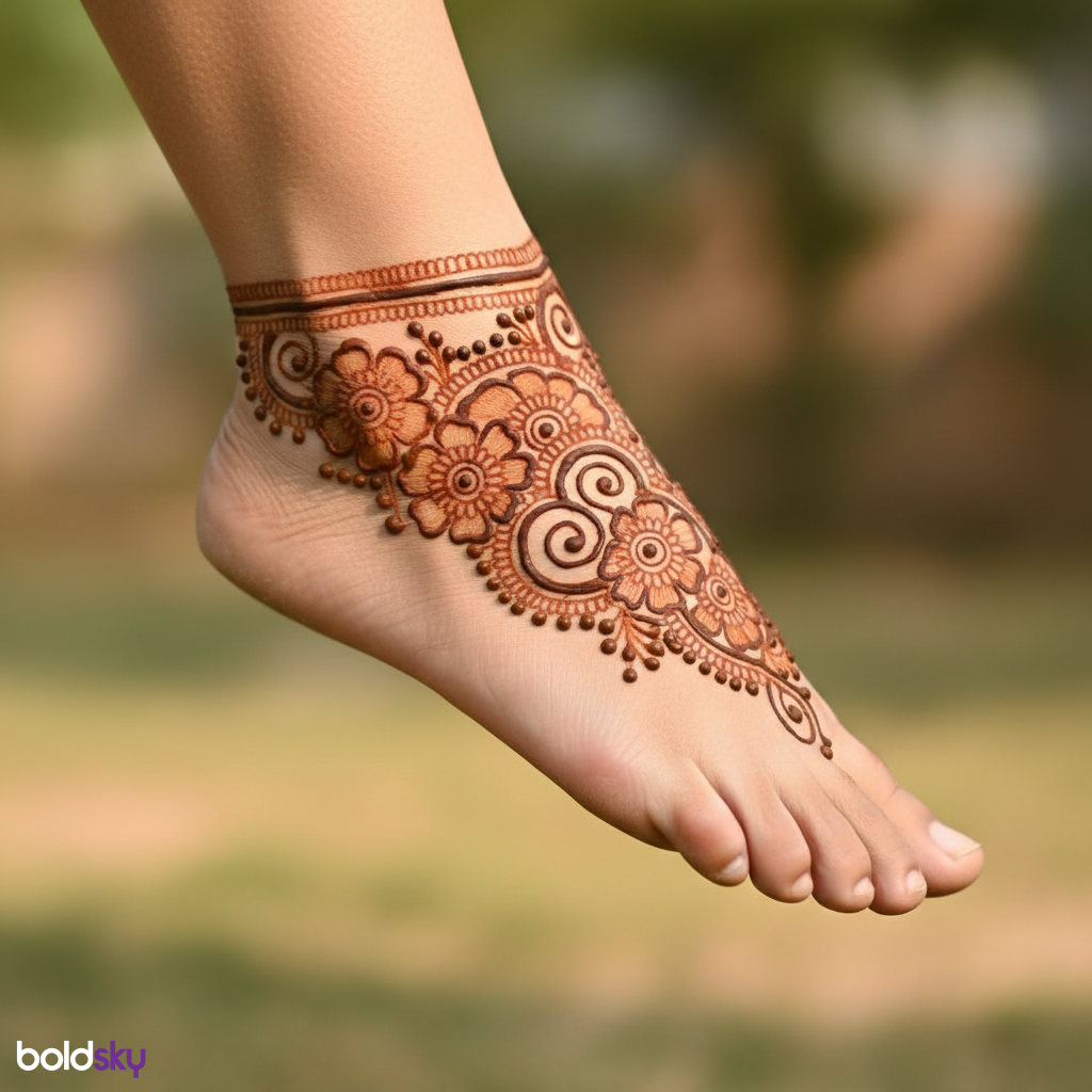 Right foot elegant anklet style mehndi.