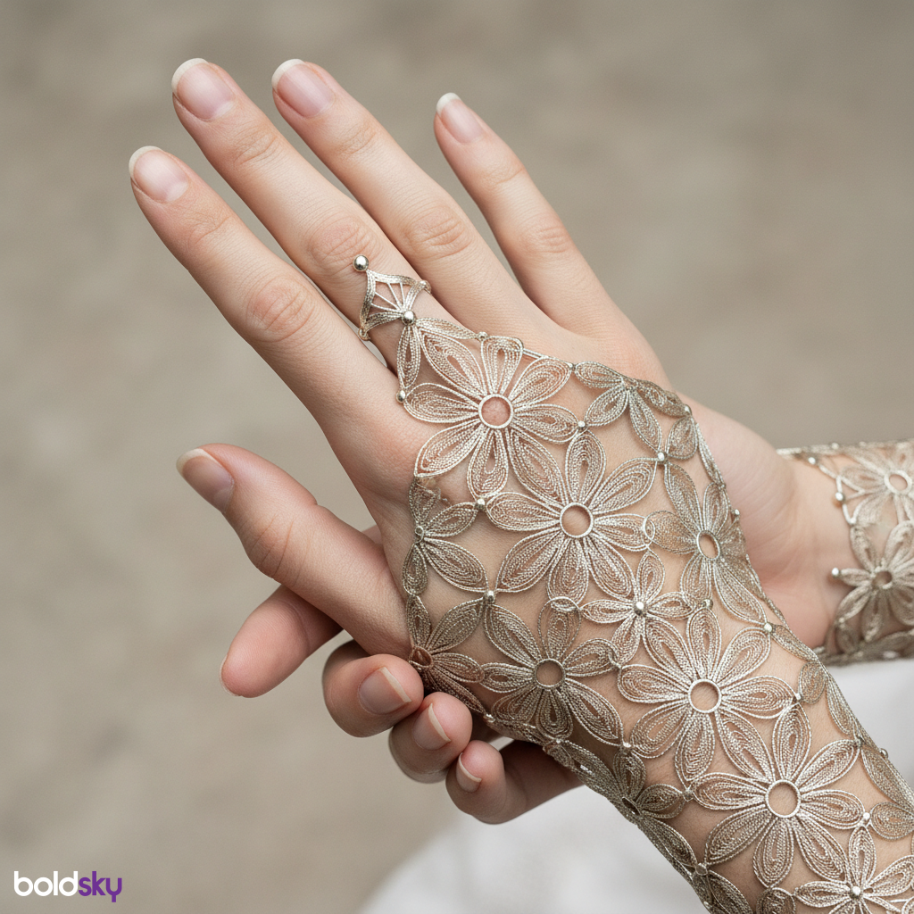 Back of both hands jaali mehndi pattern.