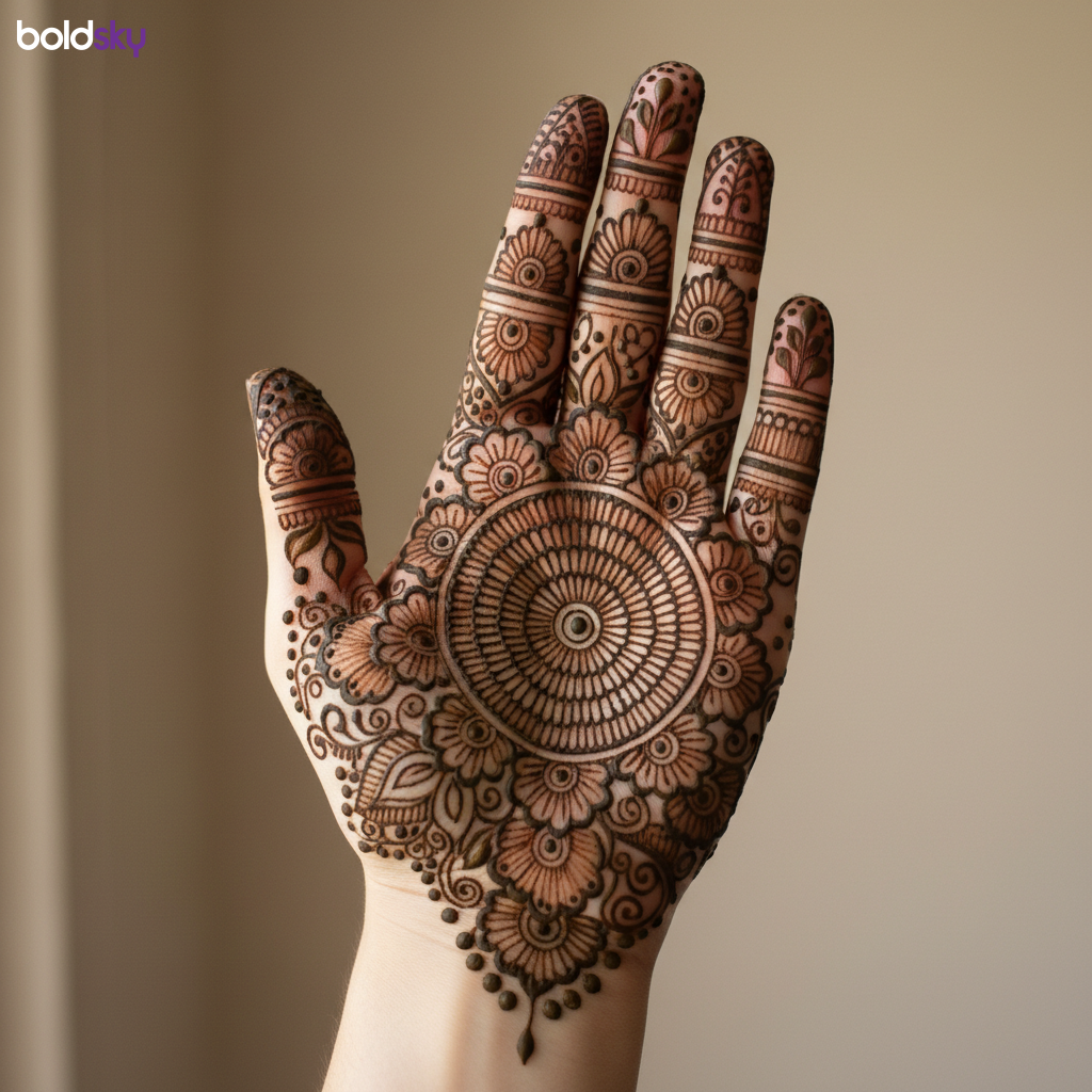 Left hand palm intricate floral mandala mehndi