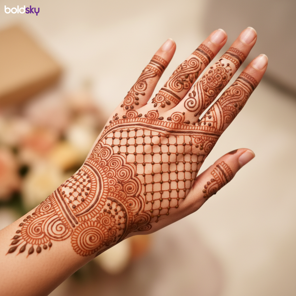 Back of left hand paisley jaali mehndi