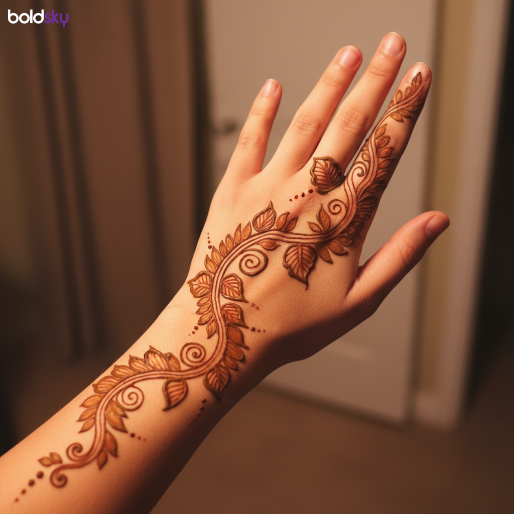 Back of left hand vine leafy mehndi