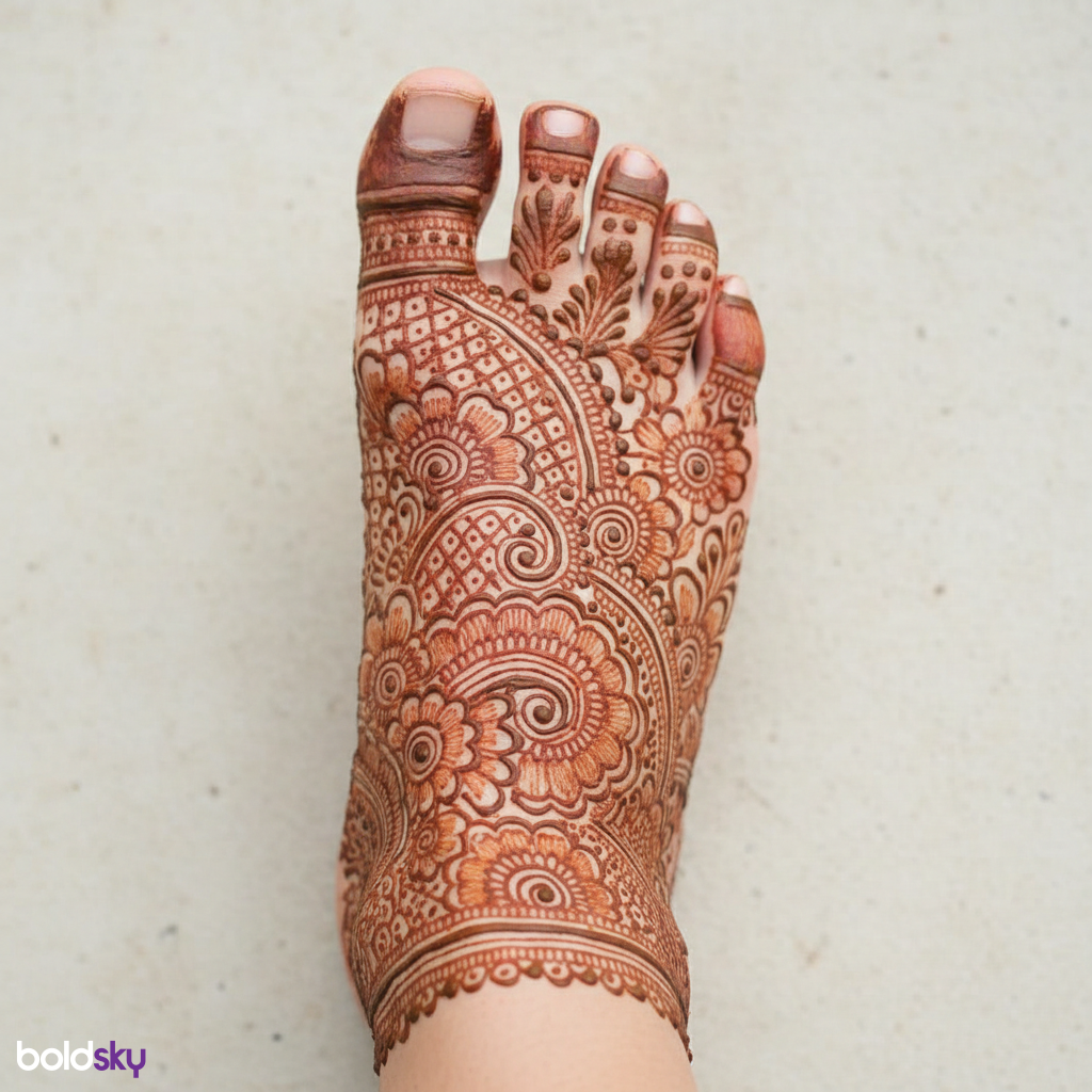 Right foot traditional intricate mehndi pattern