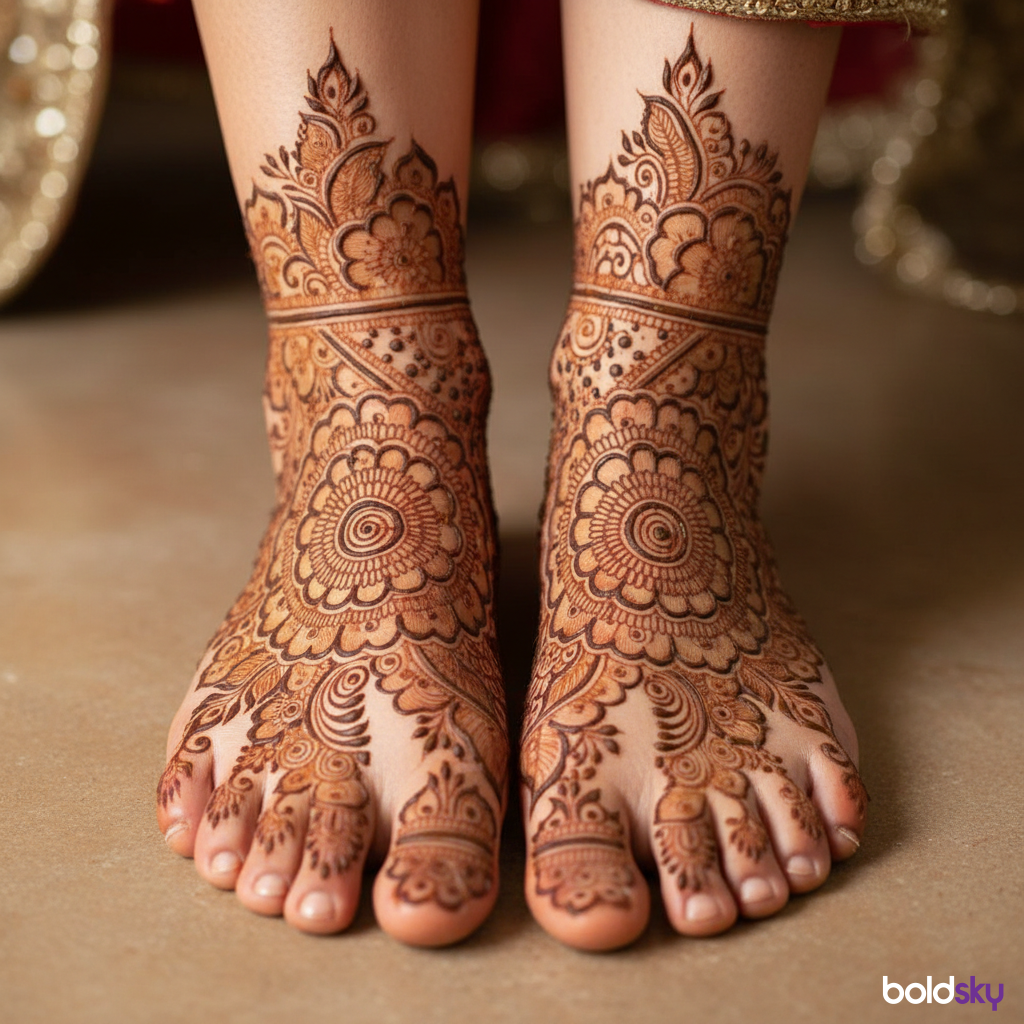 Both feet bridal mehndi, intricate mandalas.