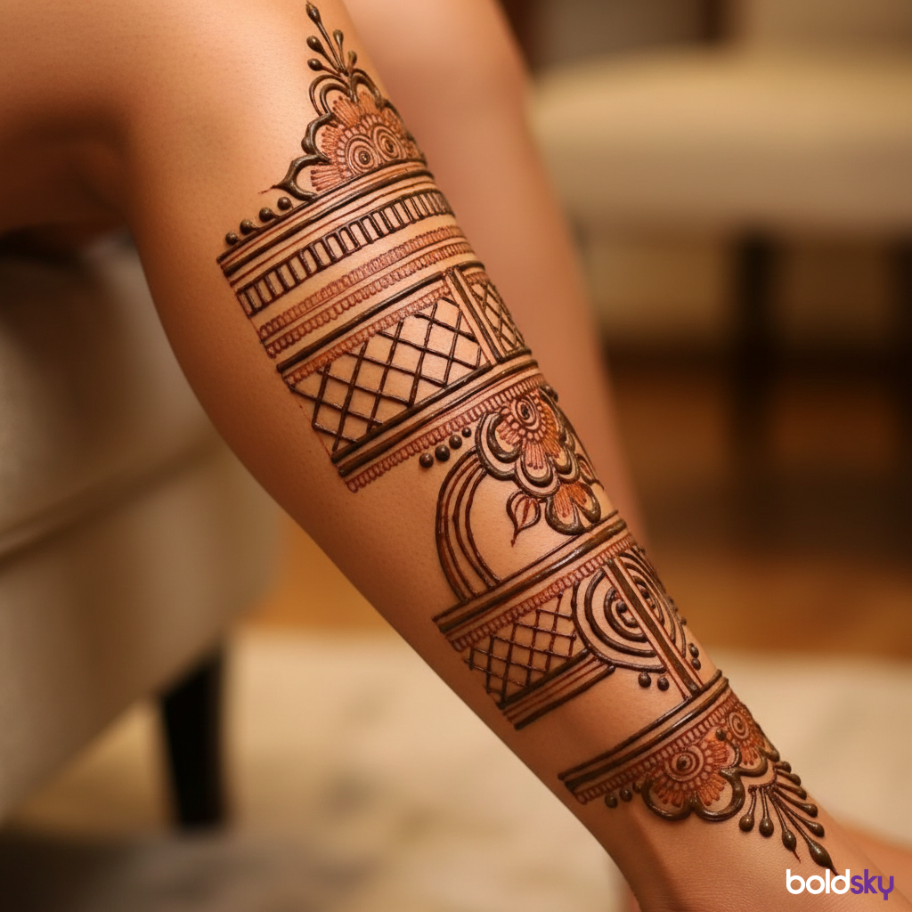 Right leg contemporary bridal mehndi.