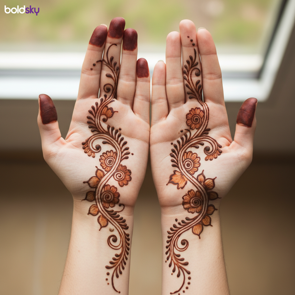 Both palms with easy floral vine mehndi.