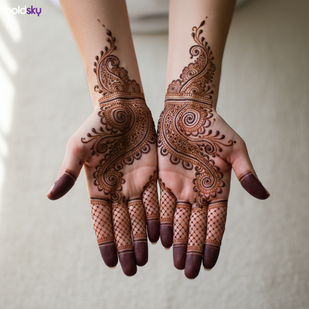 Palms with easy paisley and netting mehndi.