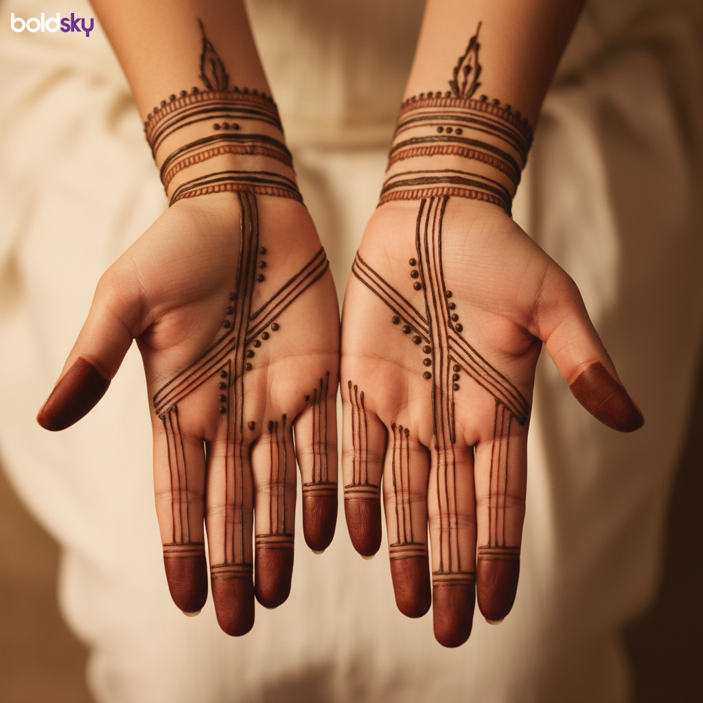 Front of hands with geometric mehndi bands.