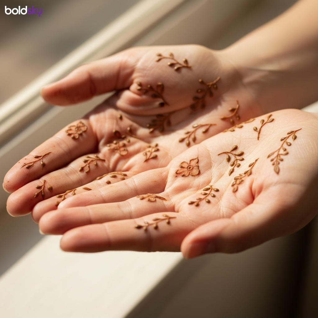 Palms with minimalist floral sprig mehndi.