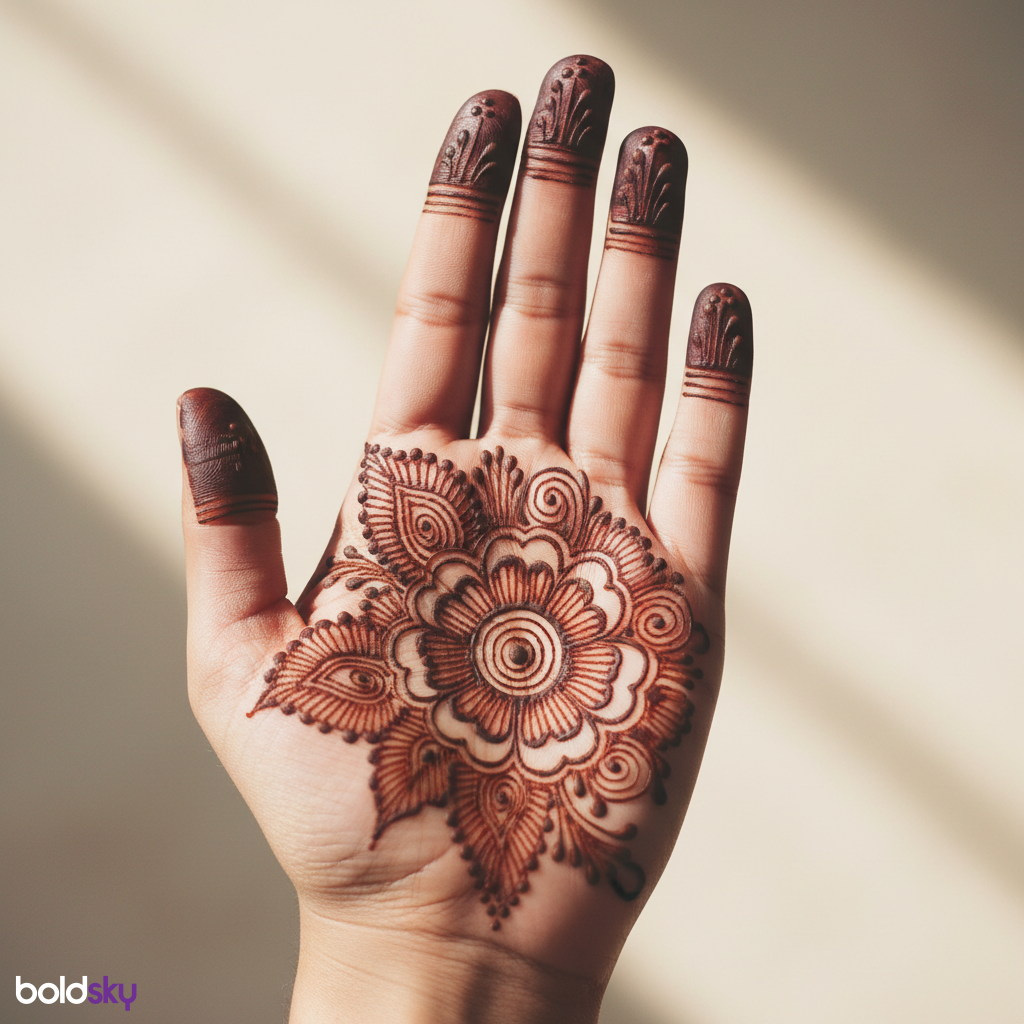 Left palm traditional floral paisley mehndi