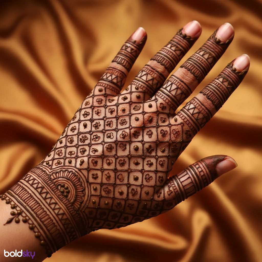 Left back hand geometric jaali mehndi