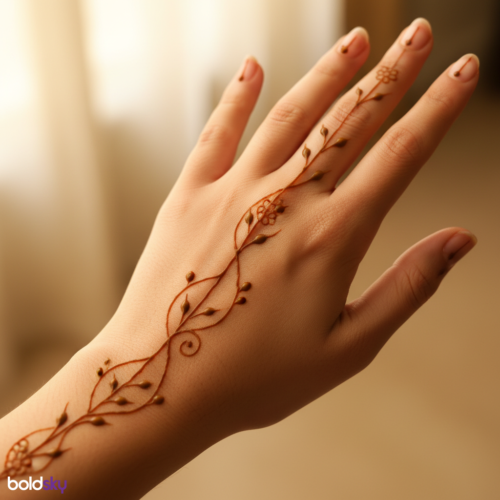 Left back hand delicate vine leafy mehndi