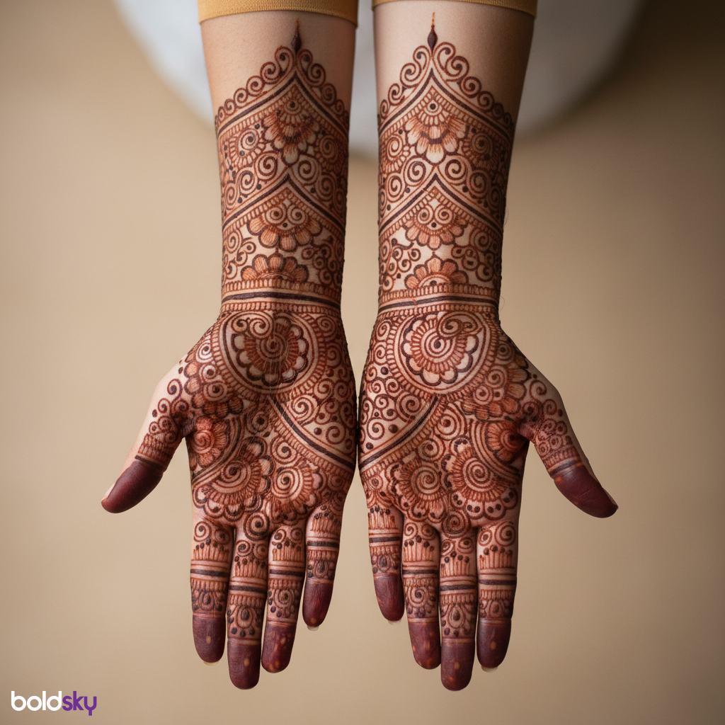 close-up of both palms with delicate mehndi