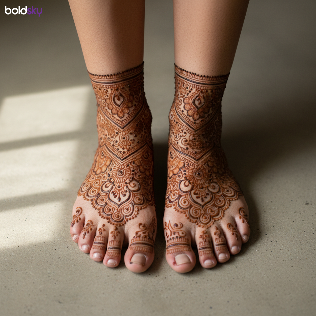 Feet traditional mehndi design close-up