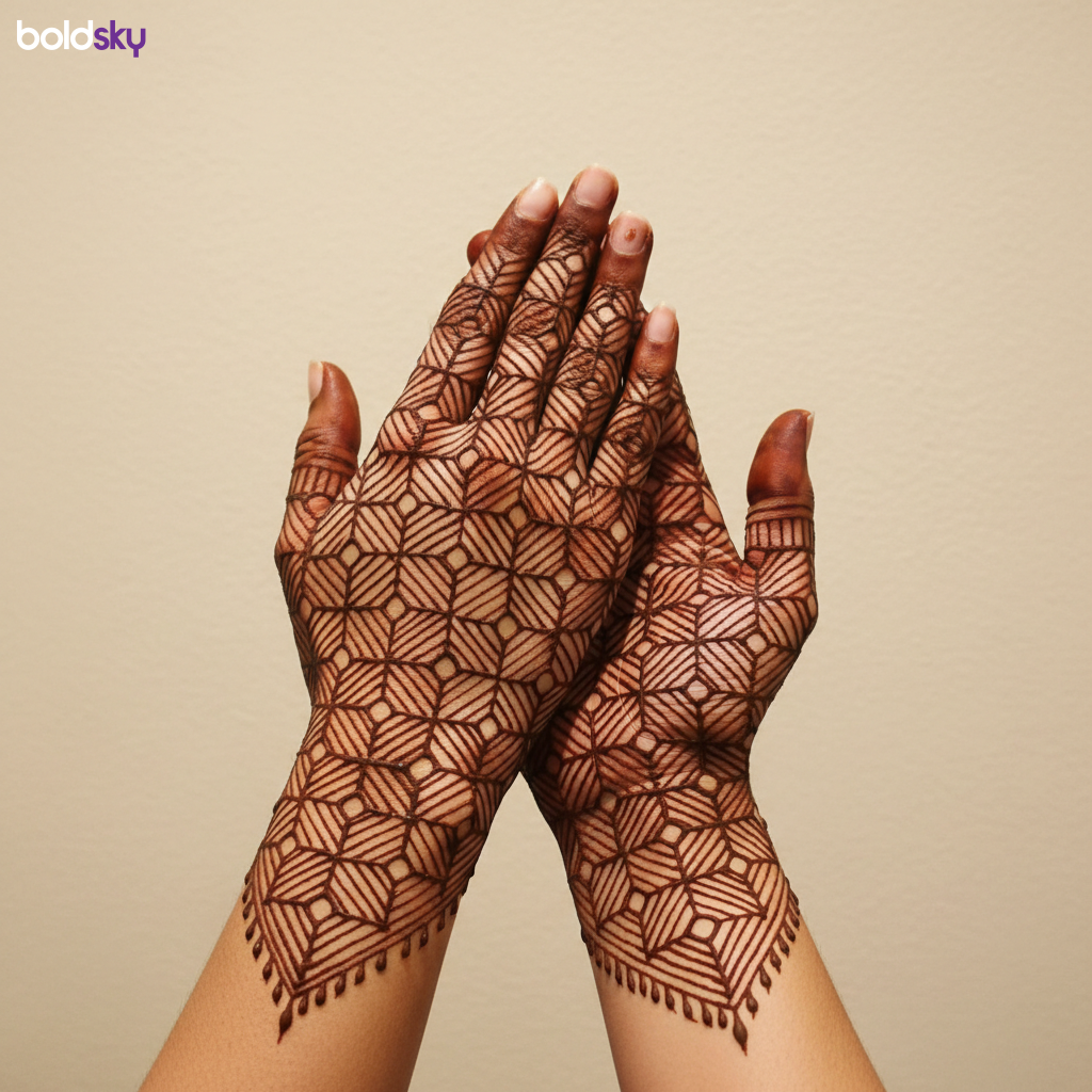 Back hands contemporary geometric jaali mehndi.