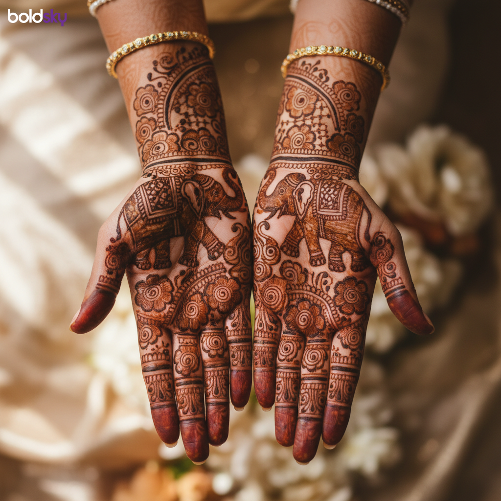 Both palms heavy bridal elephant mehndi.