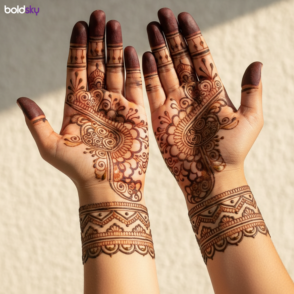 Both palms finger-focused mehndi design.