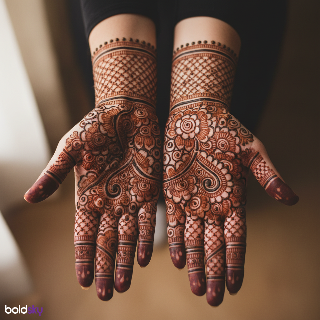 Intricate traditional mehndi on both palms.