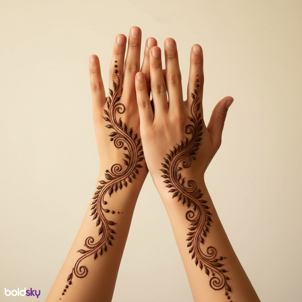 Elegant vine mehndi on back of hands.