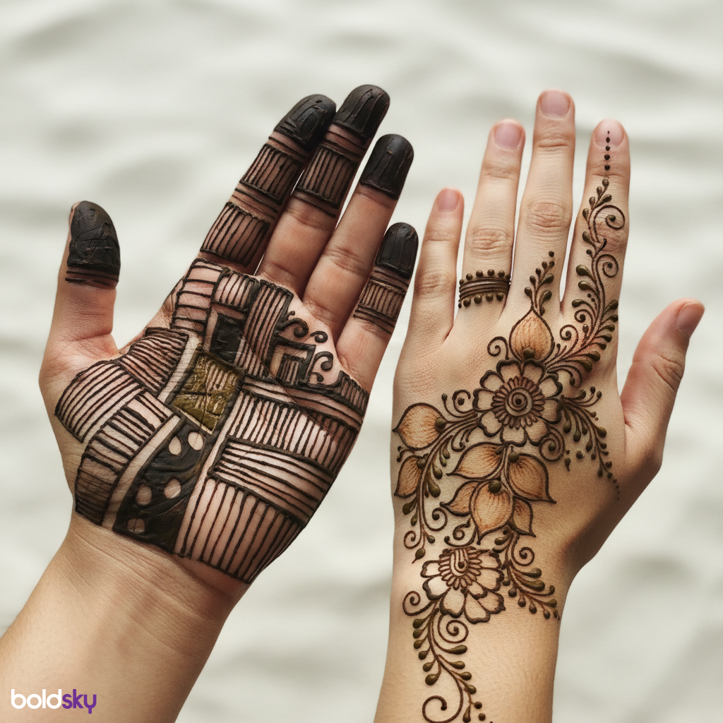 Contrasting mehndi on palm and back hand.