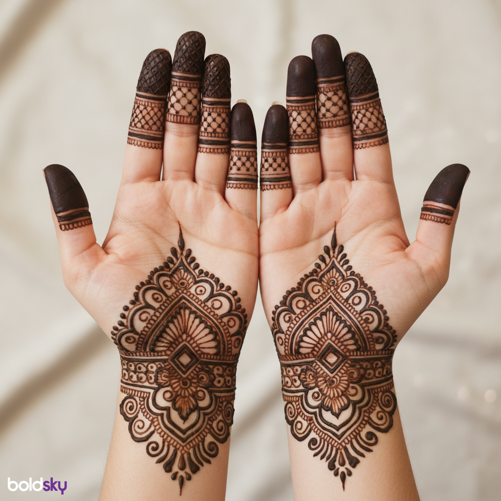 Mehndi focused on fingertips and wrists.