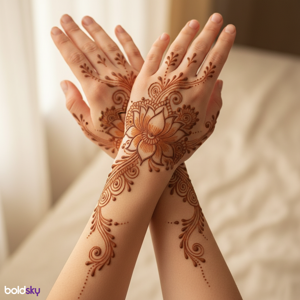 Symmetrical floral mehndi on back hands.