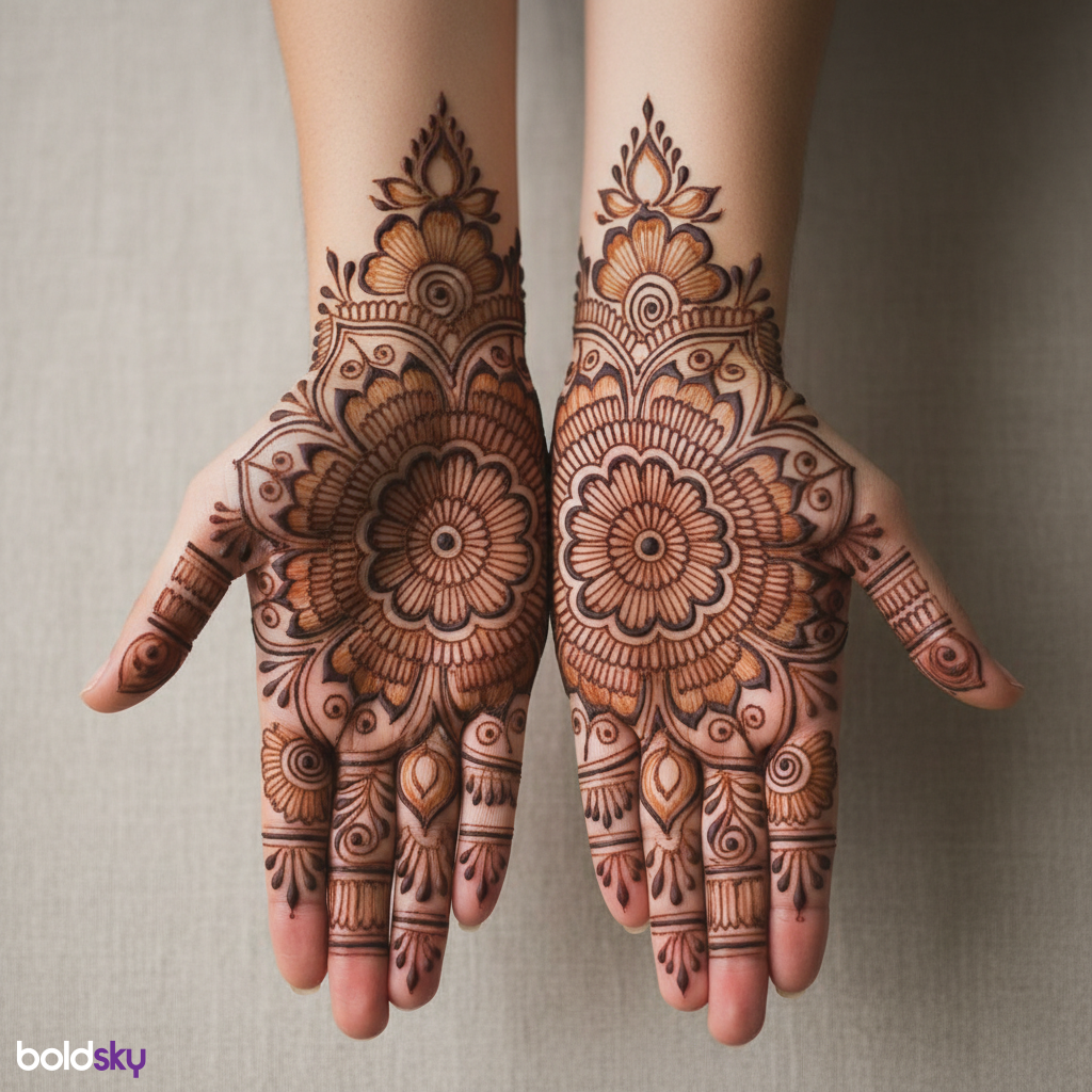 Symmetrical floral mandala mehndi on both palms.