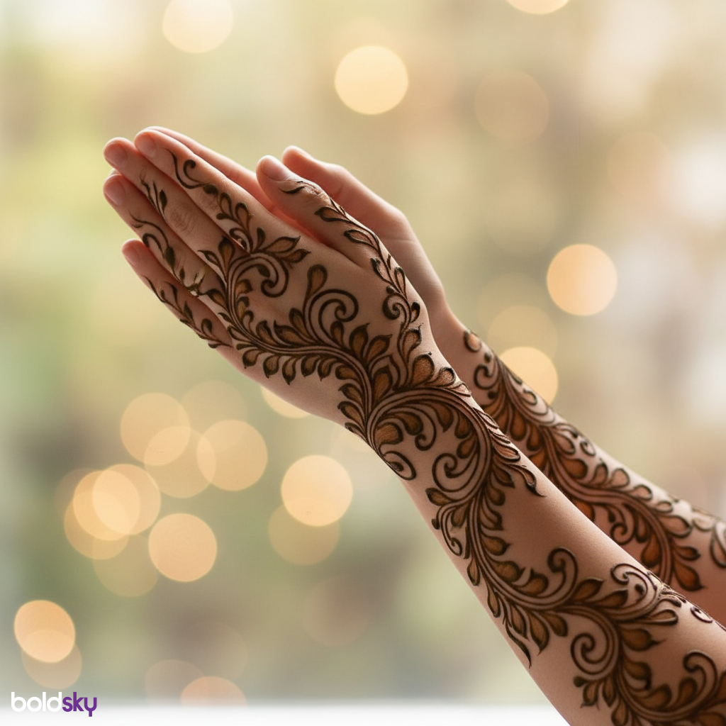 Connecting vine mehndi on both hands.
