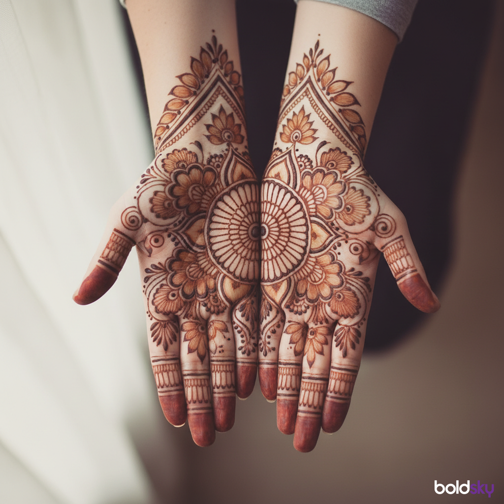 Symmetrical floral mandala mehndi on both palms.