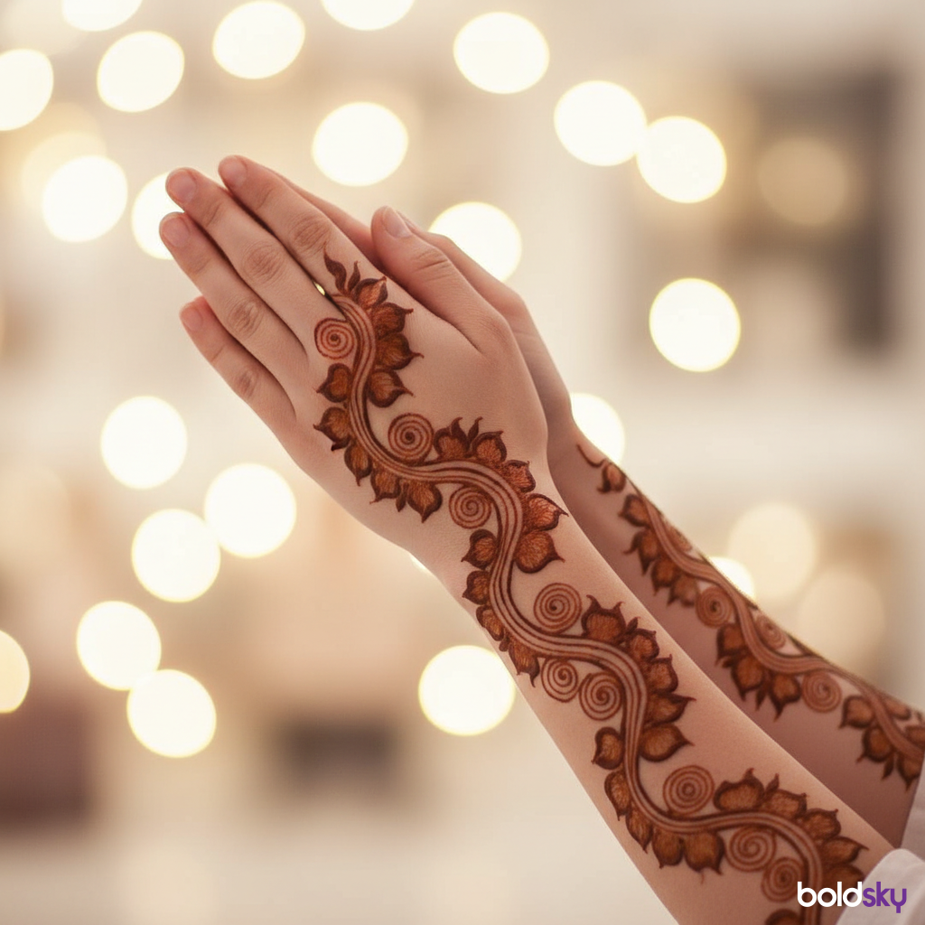 Connecting vine mehndi on both hands.