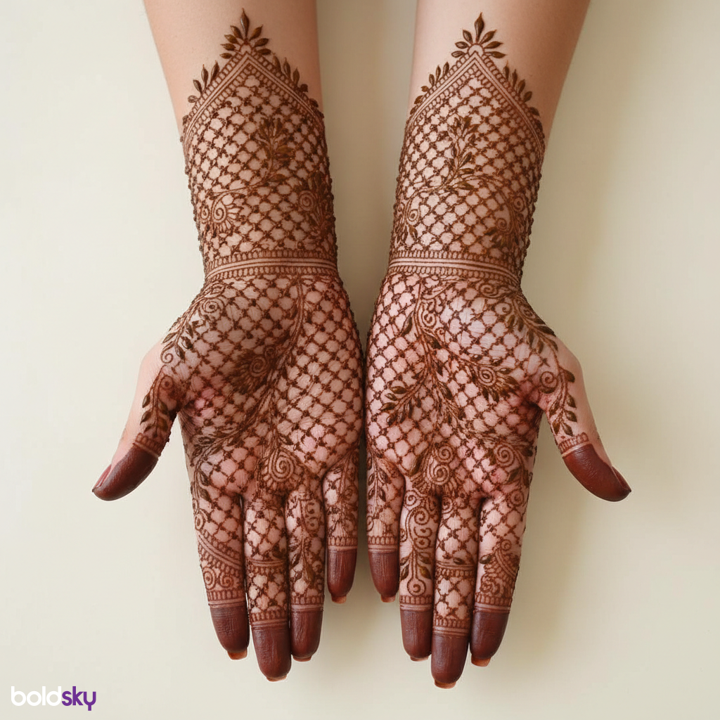 Both palms intricate jaali vine mehndi