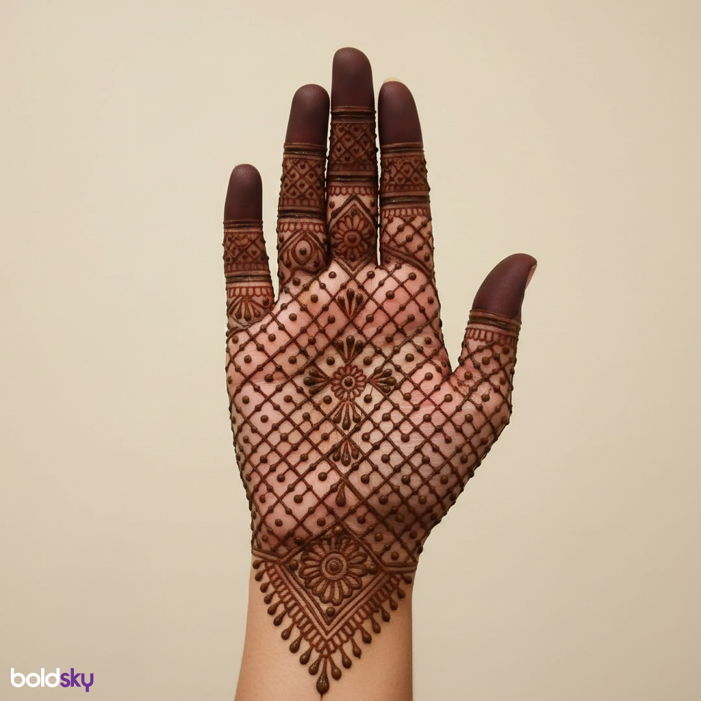 Front of right hand intricate jaali mehndi.