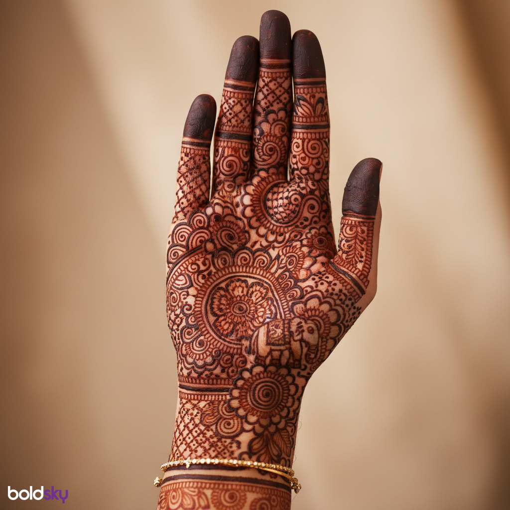 Right hand intricate bridal mehndi design.