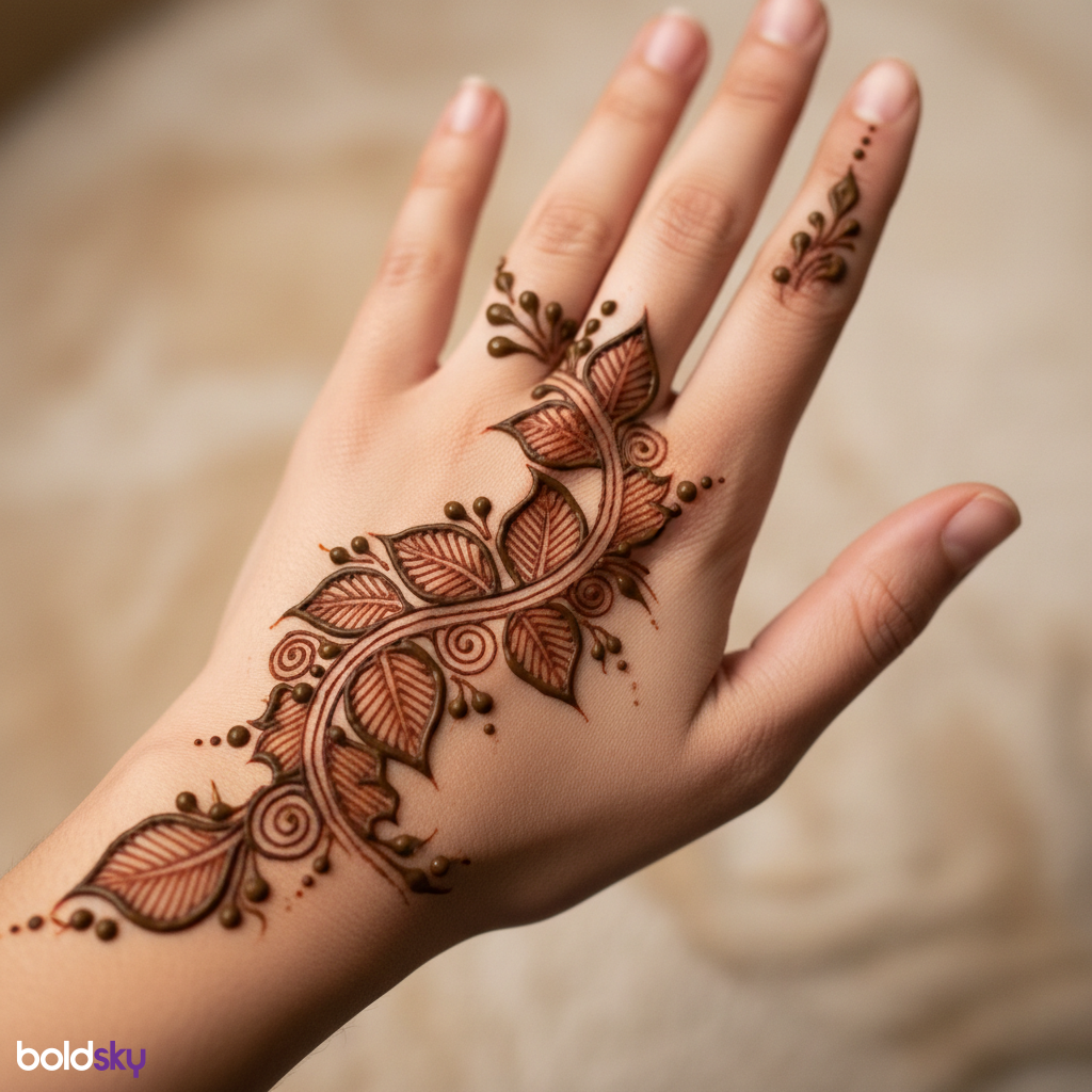 Left back hand leafy trail mehndi pattern