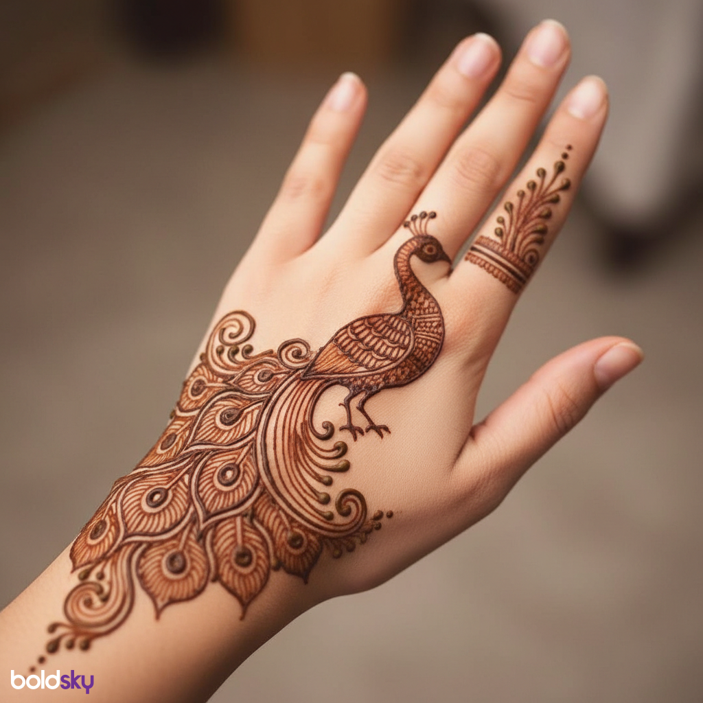 Left back hand peacock motif mehndi design
