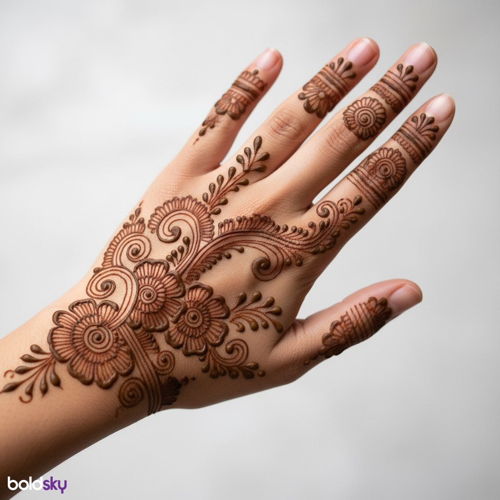 Back of left hand floral vine mehndi.