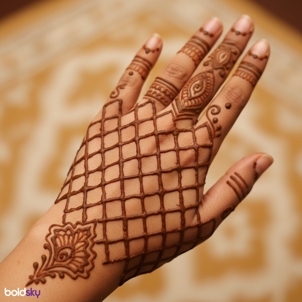 Back of left hand geometric jaali mehndi.
